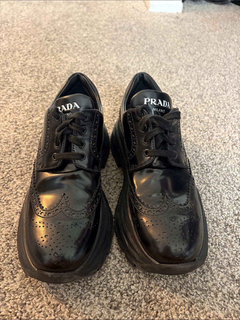 Prada Black Patent Leather Brogue Lace-Up Oxfords